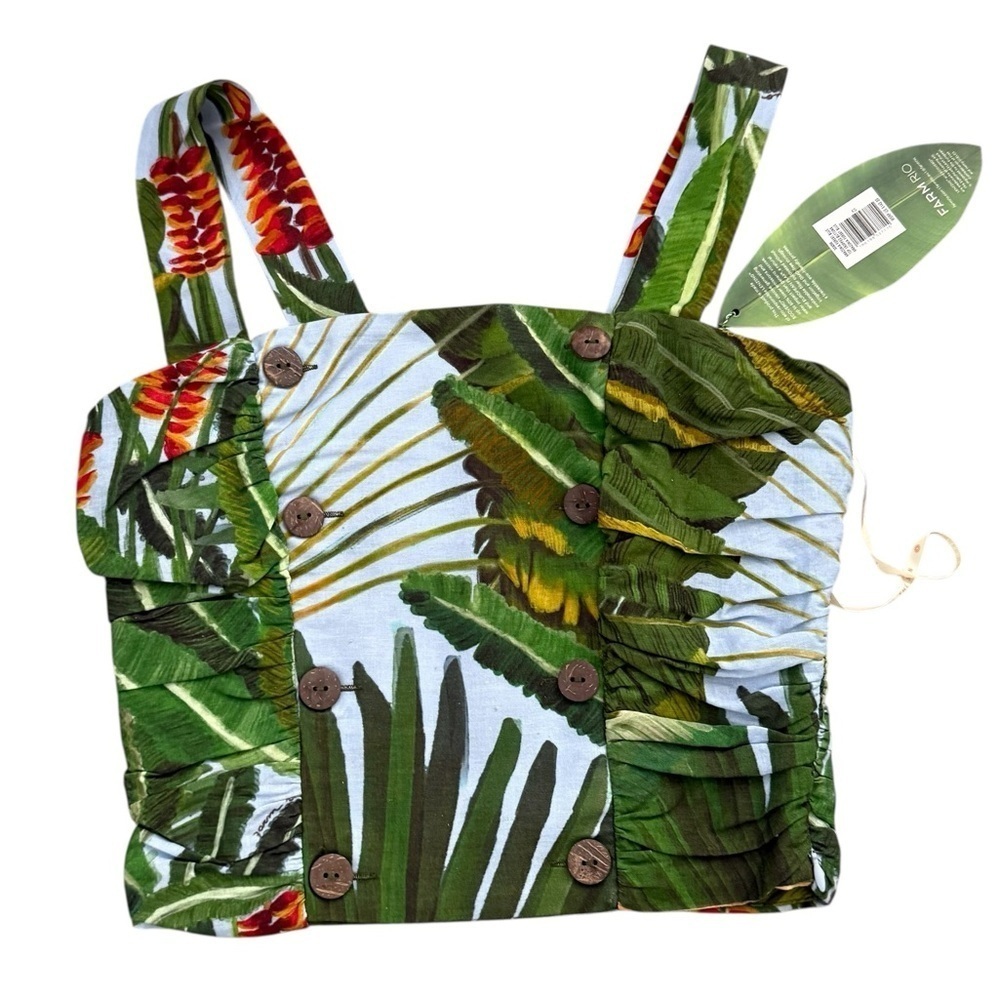 NWT Farm Rio Top Tropical Green Button-Up Crop Top Linen Viscose Blend Size XS